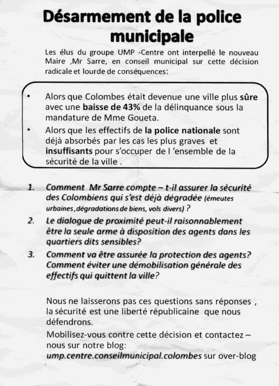 Tract UMP contre le désarmement de la police municipale de Colombes